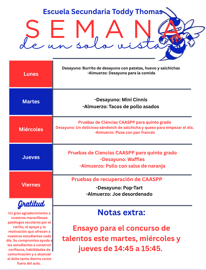 A weekly schedule for Escuela Secundaria Toddy Thomas, detailing daily meals and activities.
