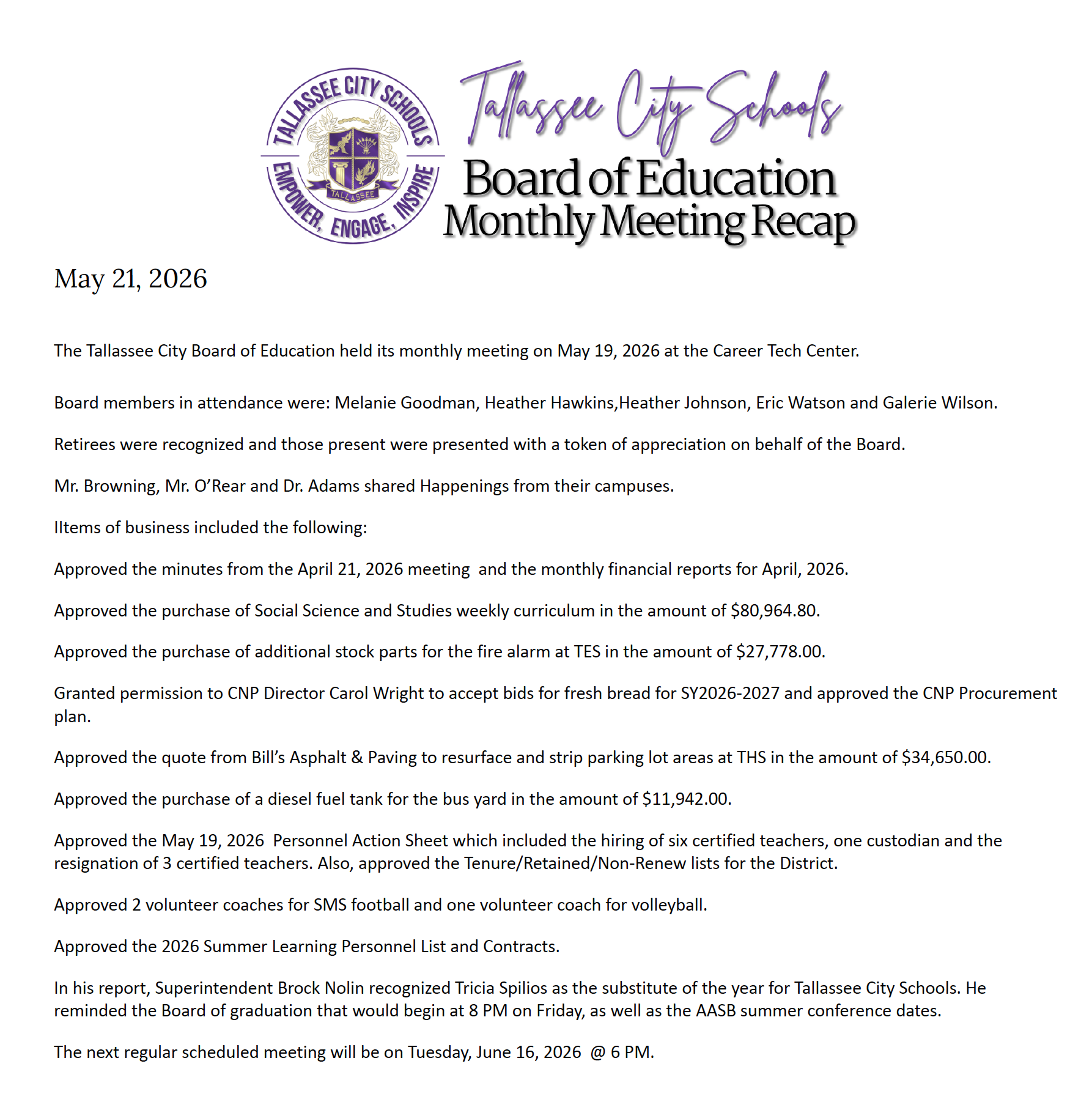 May Board Meeting Recap 