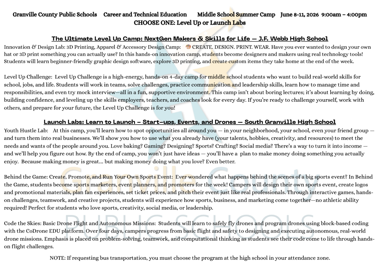 Granville County Public Schools offers Middle School Summer Camps in 2026, including 'Level Up' and 'Launch Labs'.