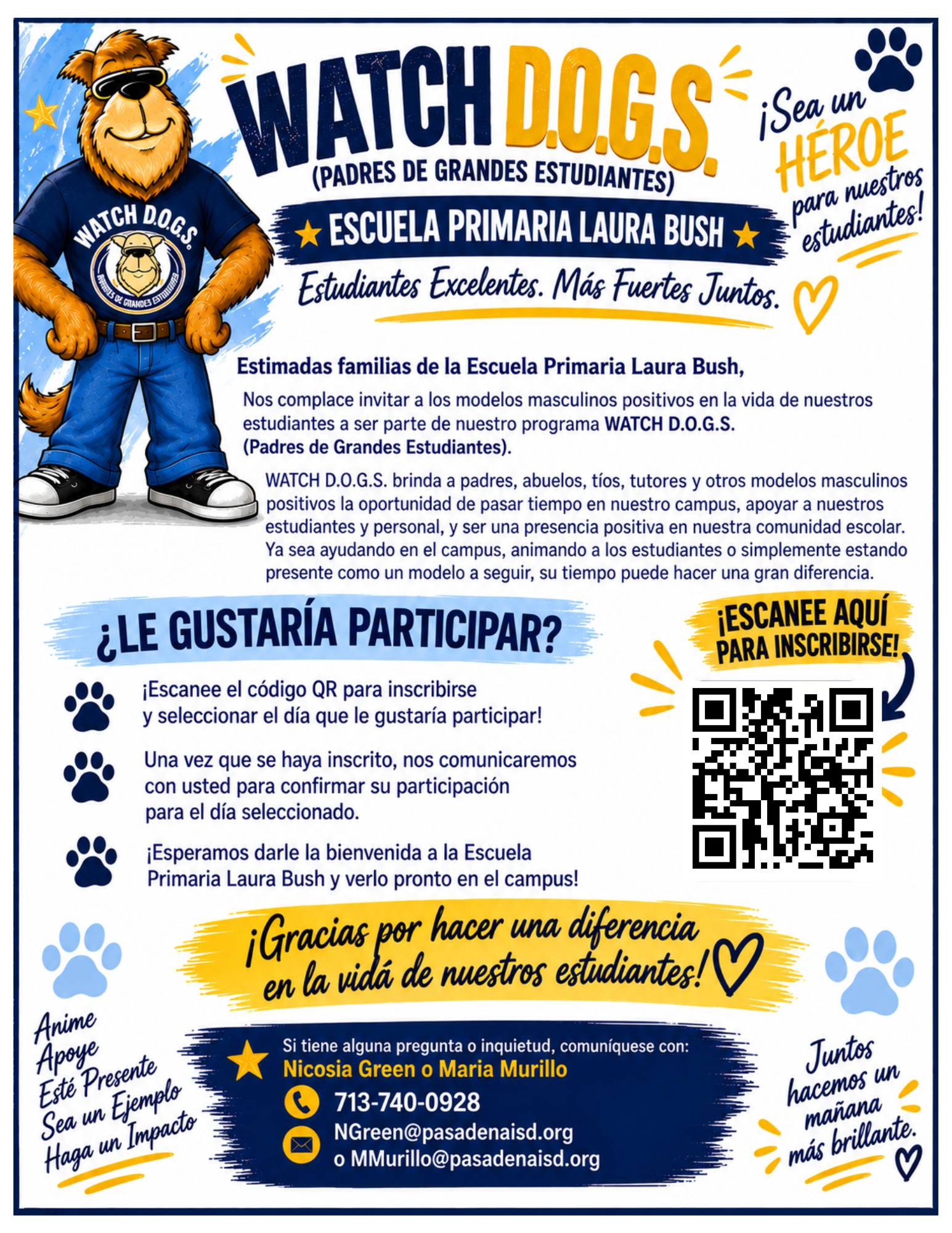 A promotional flyer in Spanish for the WATCH D.O.G.S. volunteer program at Laura Bush Elementary School, featuring a cartoon dog mascot and QR code.