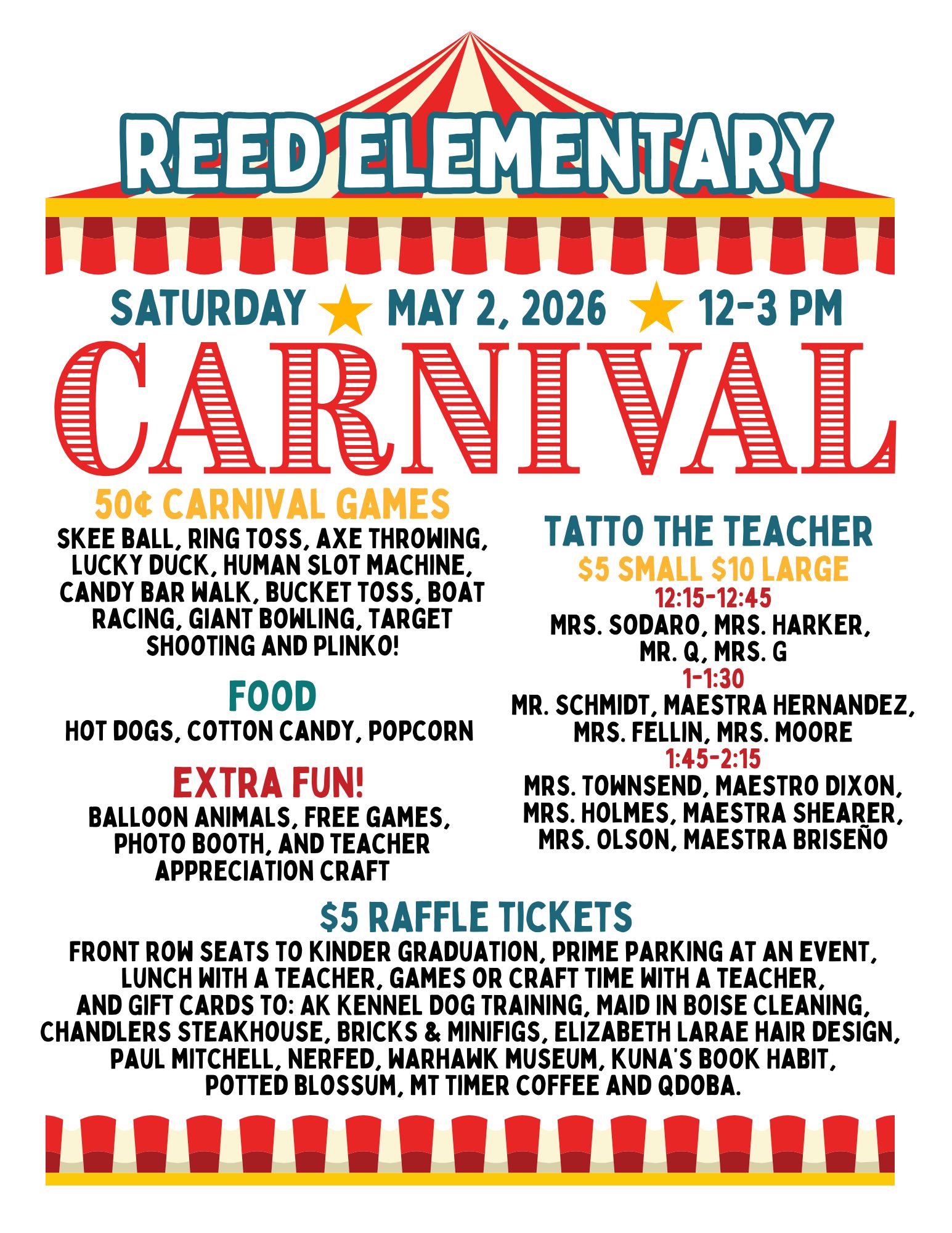 Poster for Reed Elementary Carnival on Saturday, May 2, 2026, from 12-3 PM, featuring games, food, and activities.