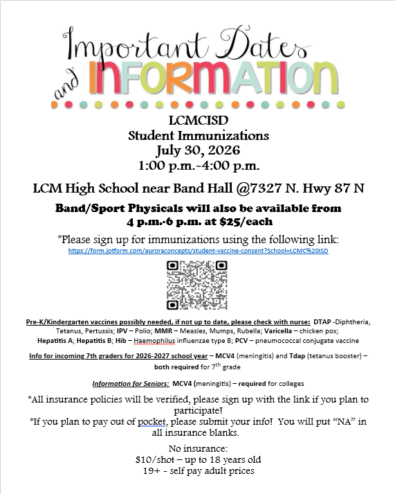 REMINDER - Student Immunizations Clinic - Tomorrow July 30th from 1pm - 4pm