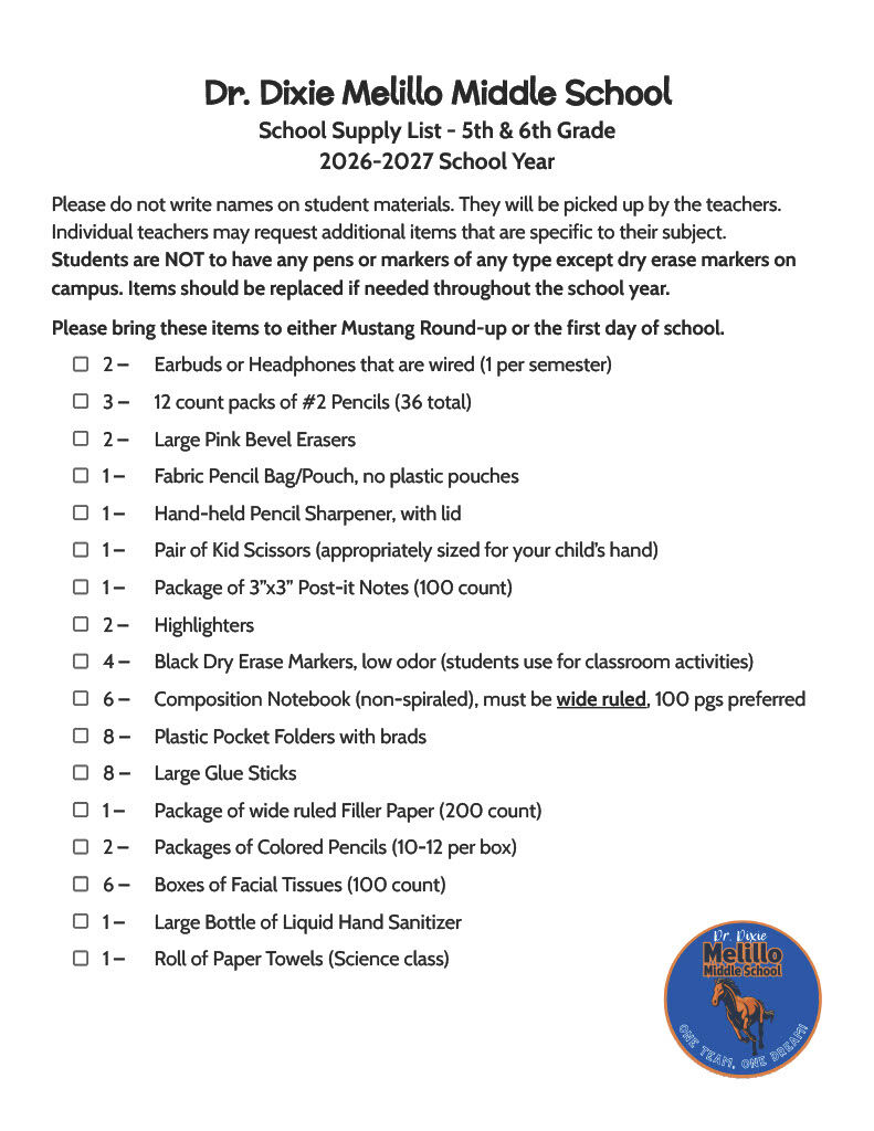 Melillo School Supply List