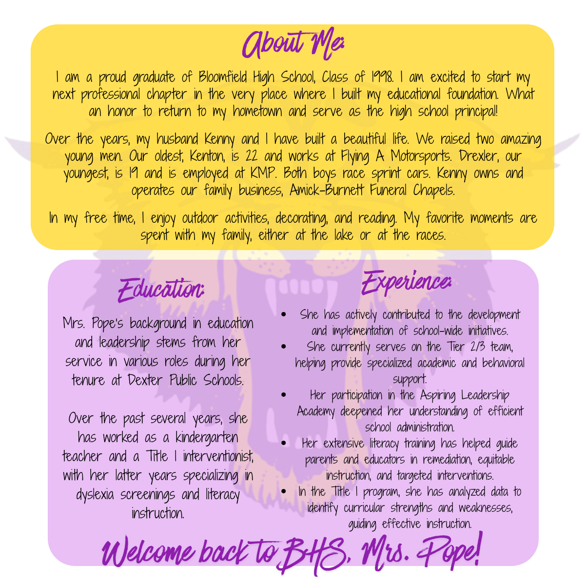 A biographical page titled 'About Me' details Mrs. Pope's education, experience, and personal life, including her family and hobbies.