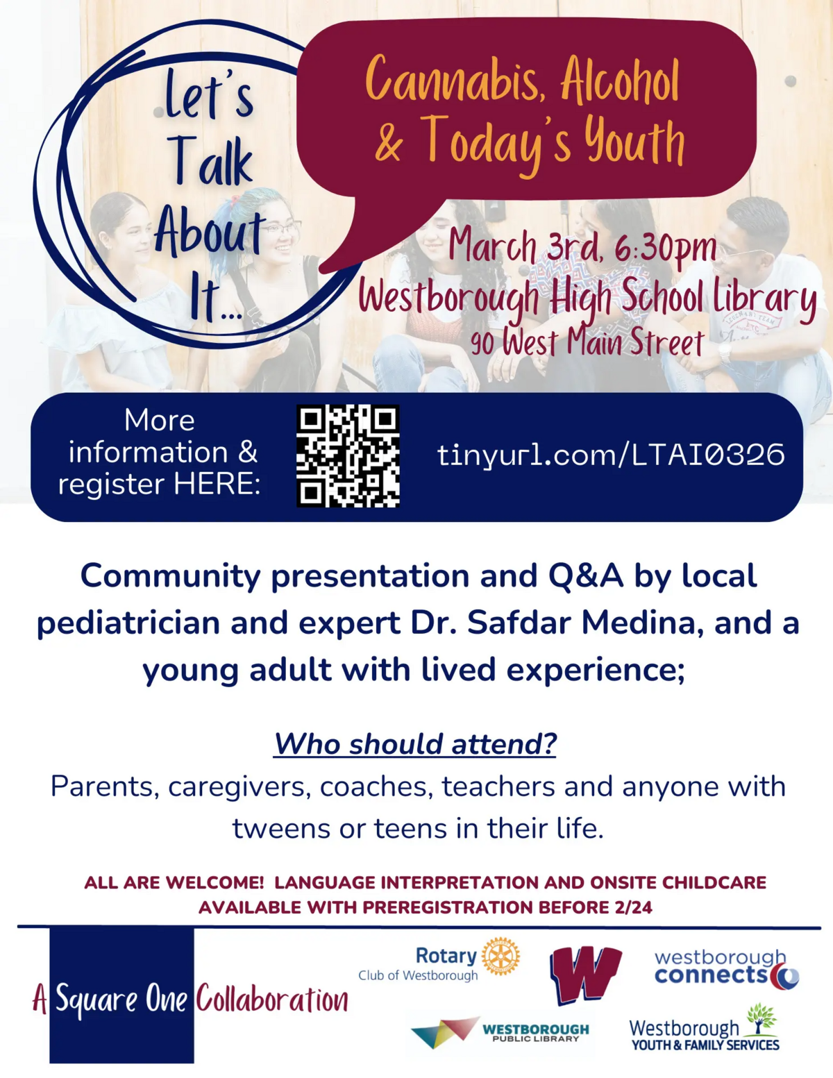 Poster for a community presentation titled 'Let's Talk About It... Cannabis, Alcohol & Today's Youth' on March 3rd at Westborough High School library.