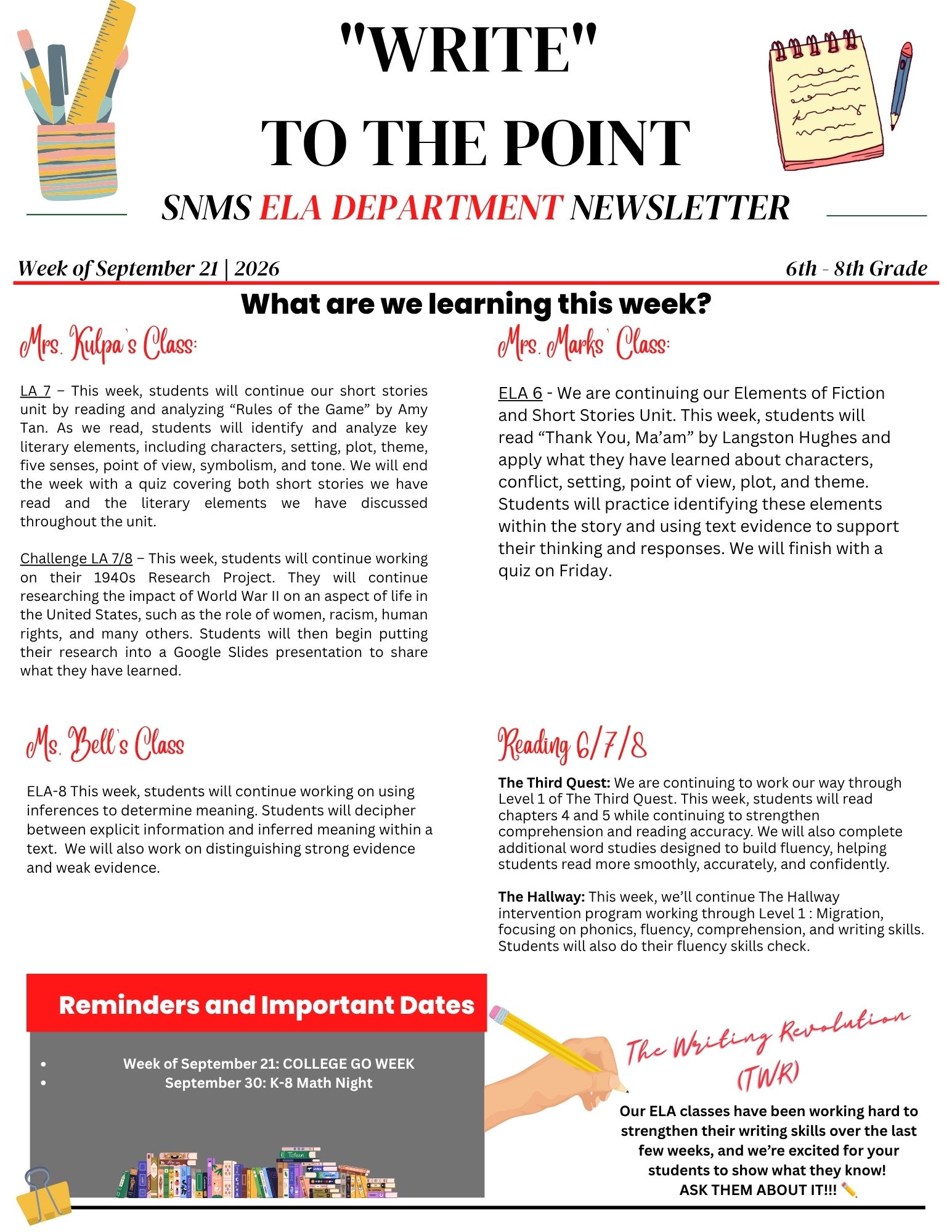 SNMS ELA Newsletter – Week of September 21
