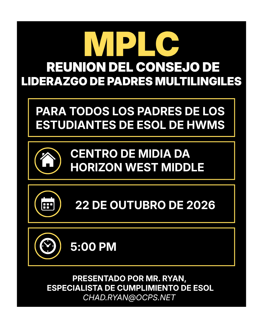 A black informational flyer with yellow and white text announcing an MPLC meeting on October 22, 2026.