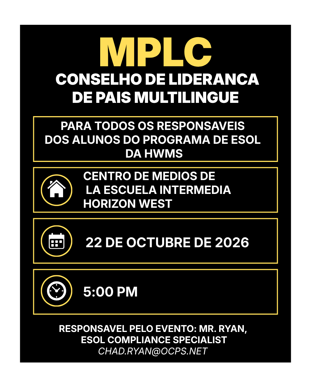A black informational flyer with yellow and white text announcing an MPLC Multilingual Parent Leadership Council meeting.