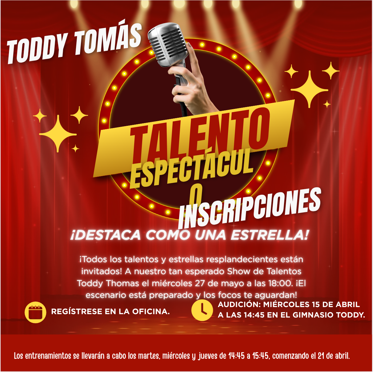 Poster for "Talento Espectacular" featuring "Toddy Tomás", with a microphone and stage lights.