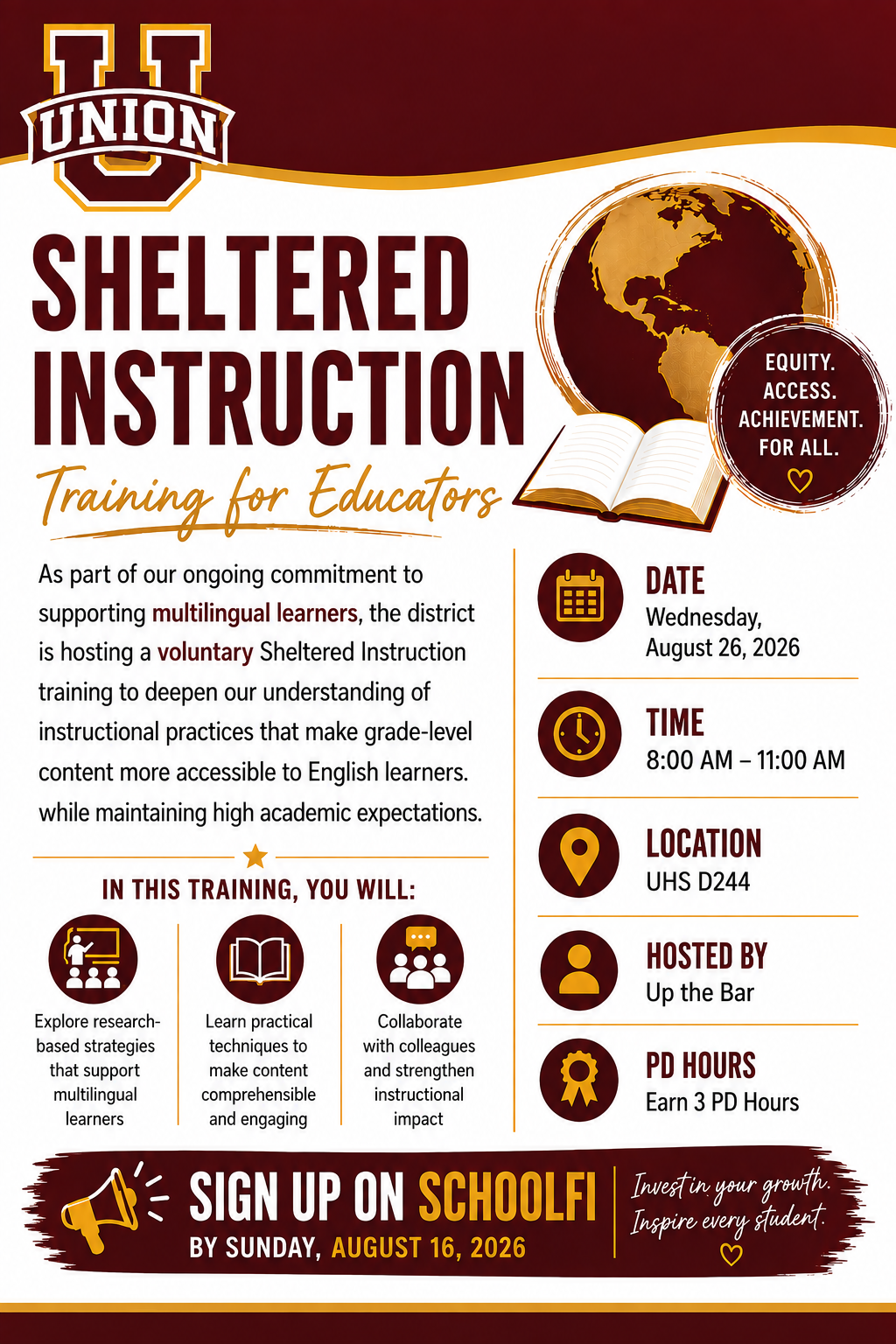 REMINDER!  📚 Voluntary Professional Learning Opportunity: Sheltered Instruction Training