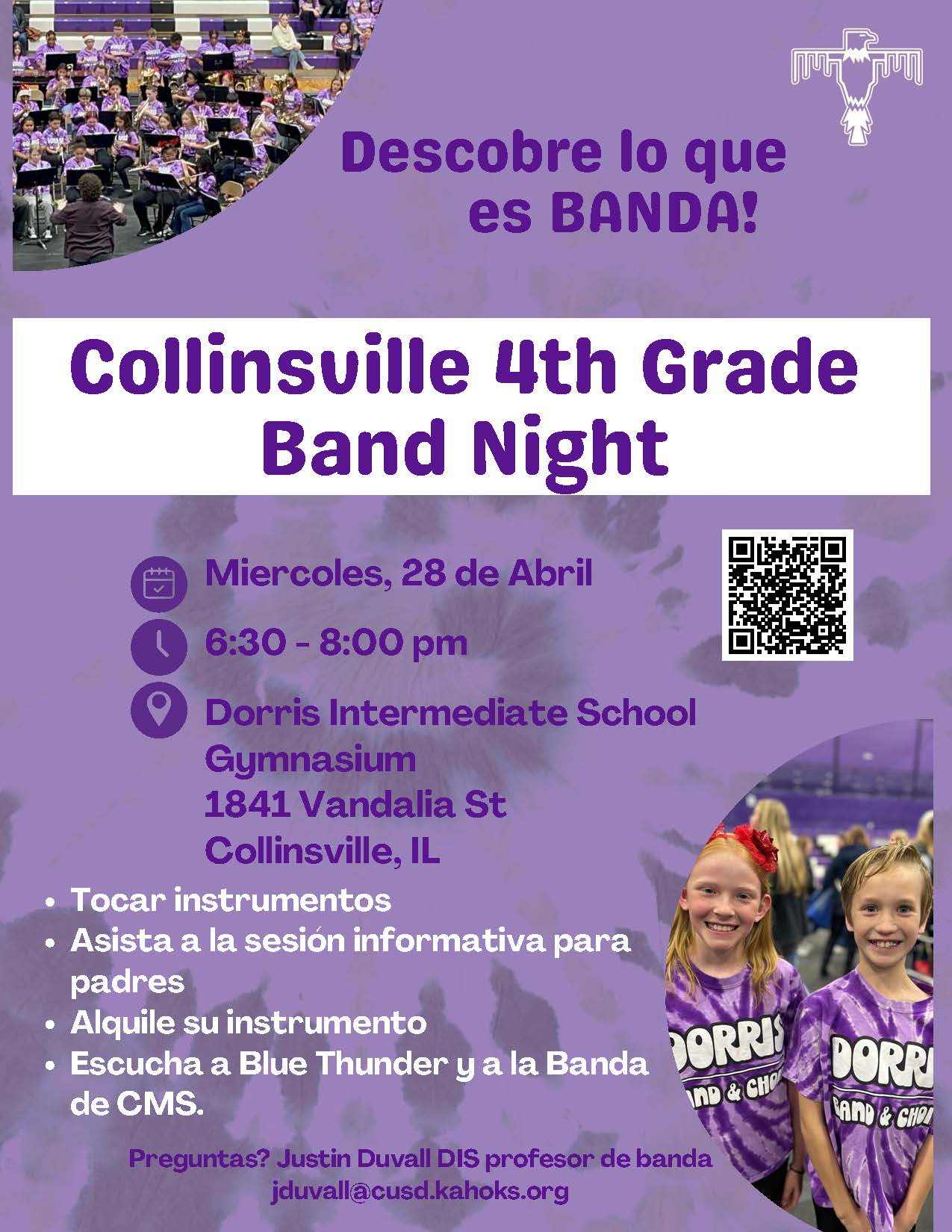 Poster for Collinsville 4th Grade Band Night on Wednesday, April 28th from 6:30-8:00 pm at Dorris Intermediate School Gymnasium.