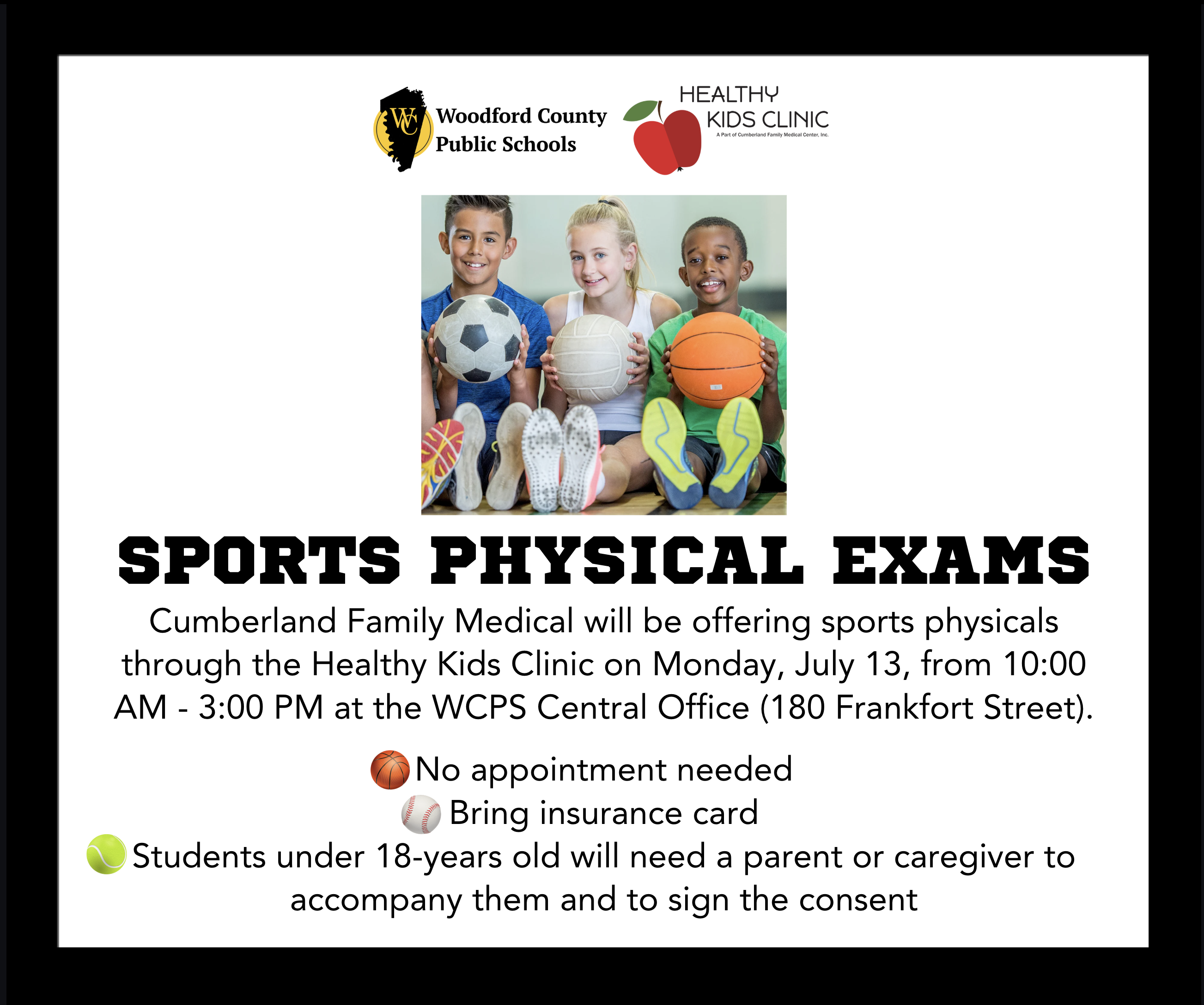 The Healthy Kids Clinic will be offering Sports Physical Exams on July 13 at the WCPS Central Office 🏐🎾🏈