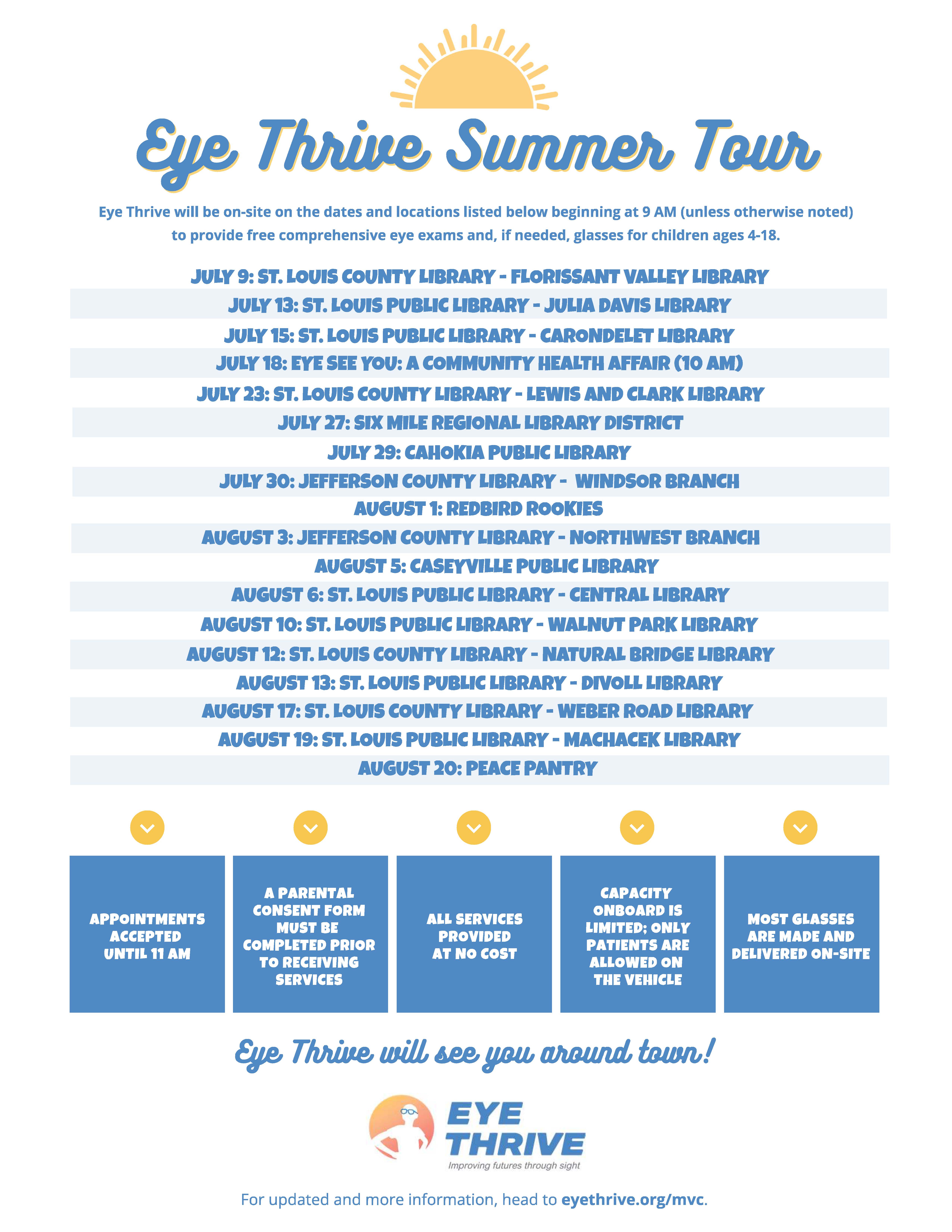 Poster for the Eye Thrive Summer Tour, listing dates and library locations for free eye exams and glasses for children.