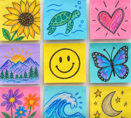 A grid of nine colorful sticky notes features simple crayon drawings including a sunflower, sea turtle, heart, mountains, smiley face, butterfly, flowers, ocean wave, and moon with stars.