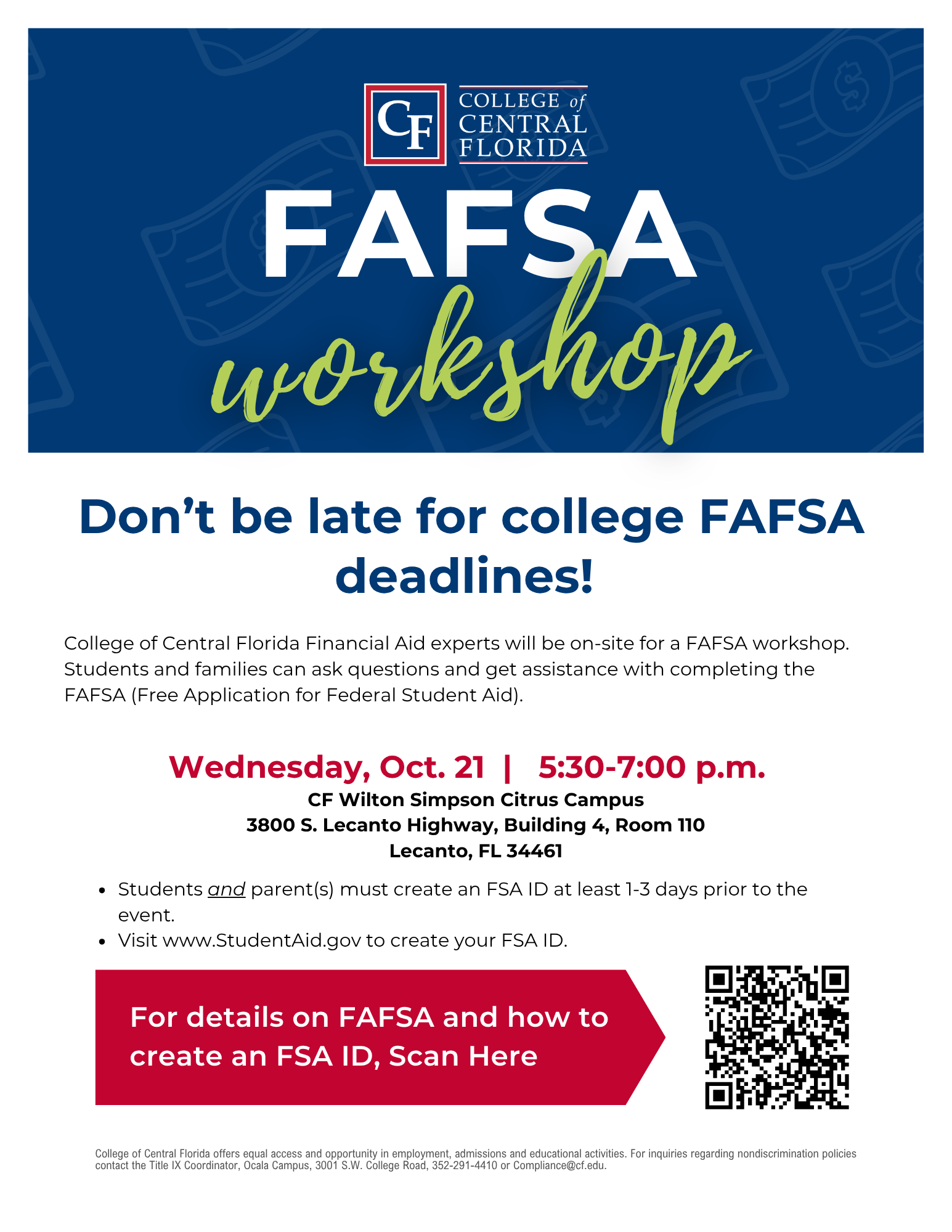 Parent FAFSA Night, Wed, Oct. 21