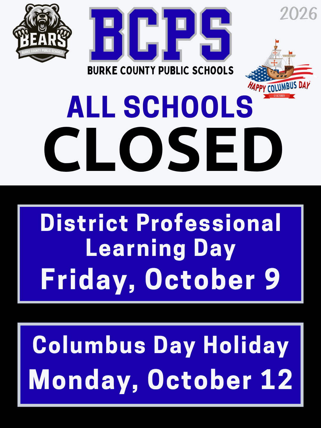 Reminder: Schools Closed, Oct. 9-12