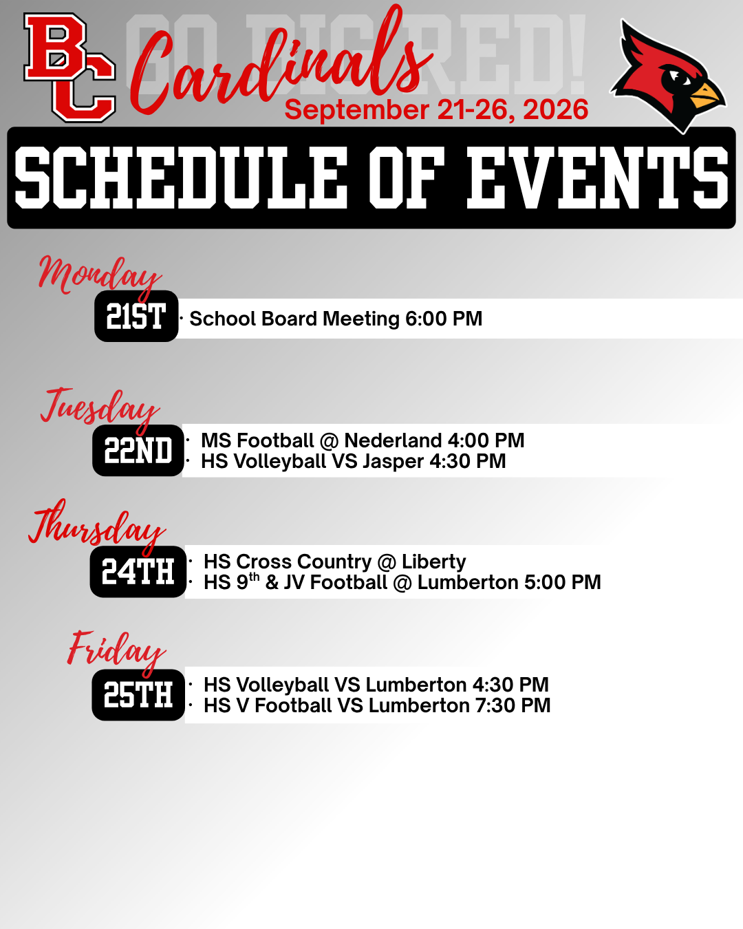 Cardinal Events week of September 21-26