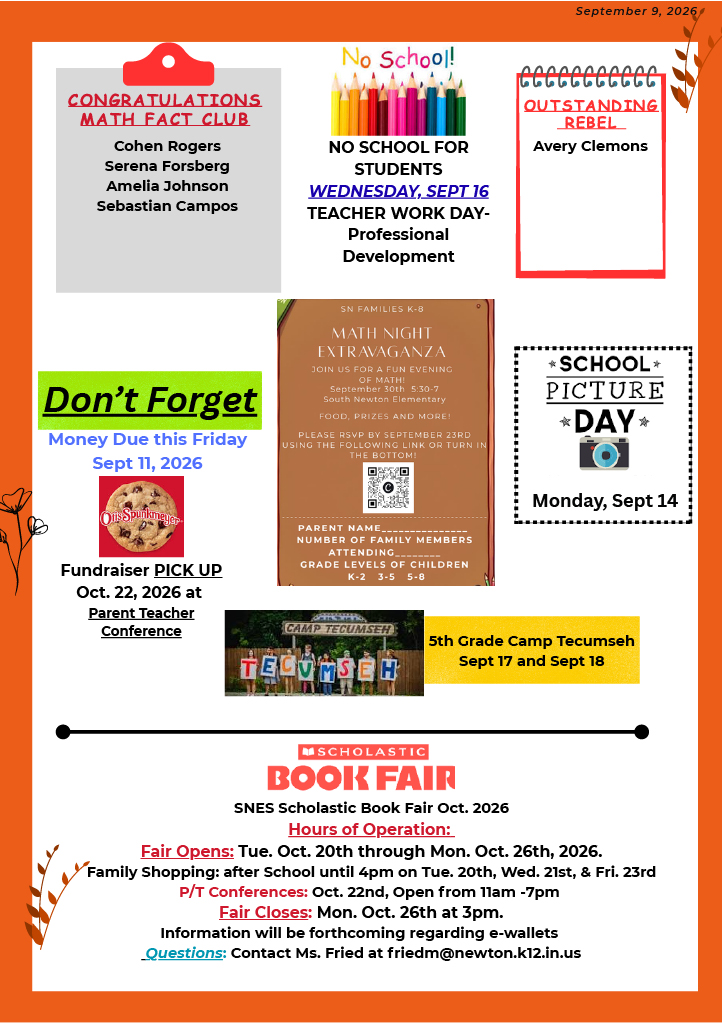A digital newsletter flyer displays school announcements, including Math Fact Club, No School on Sept 16, and an Outstanding Rebel award.