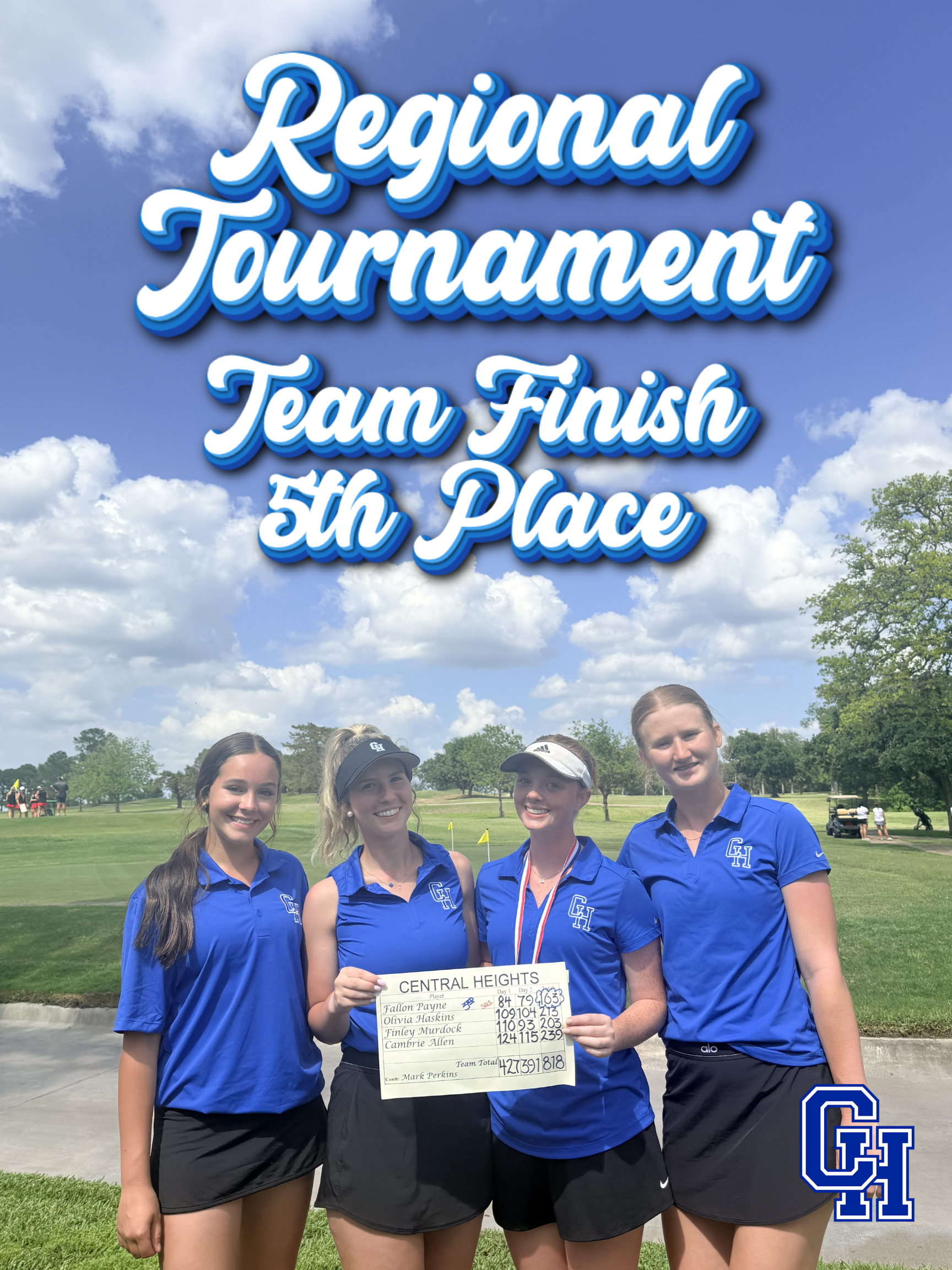 Four young women in blue golf shirts and black skirts pose with a sign indicating "Regional Tournament Team Finish 5th Place".