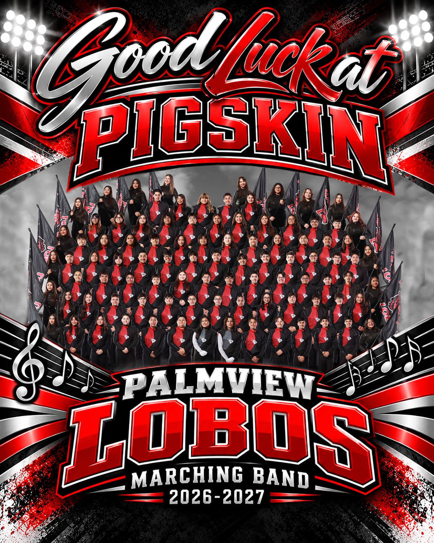 A graphic promoting the Palmview Lobos Marching Band 2026-2027 features a large group portrait of the band members in uniform.