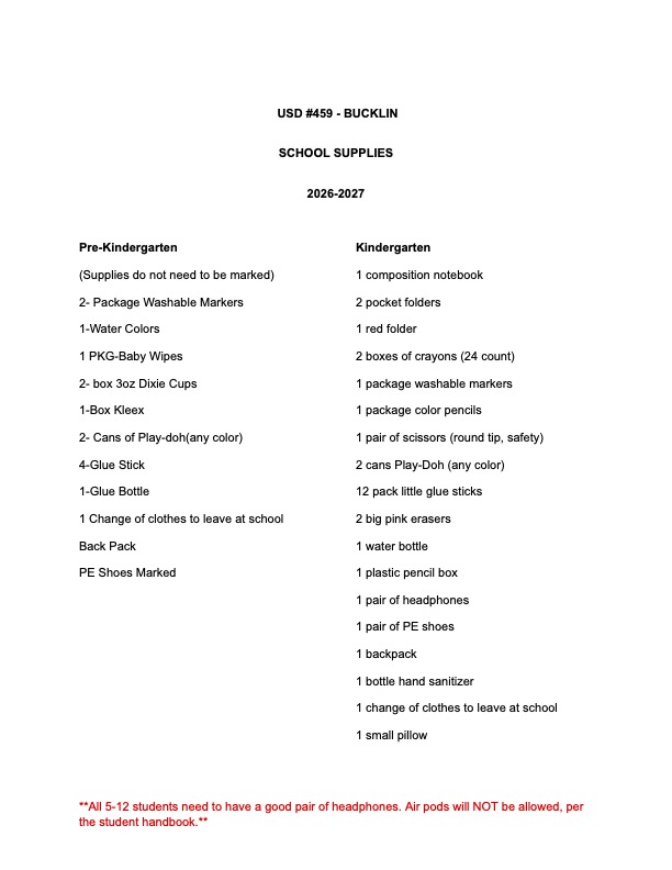 2026-2027 School Supply List