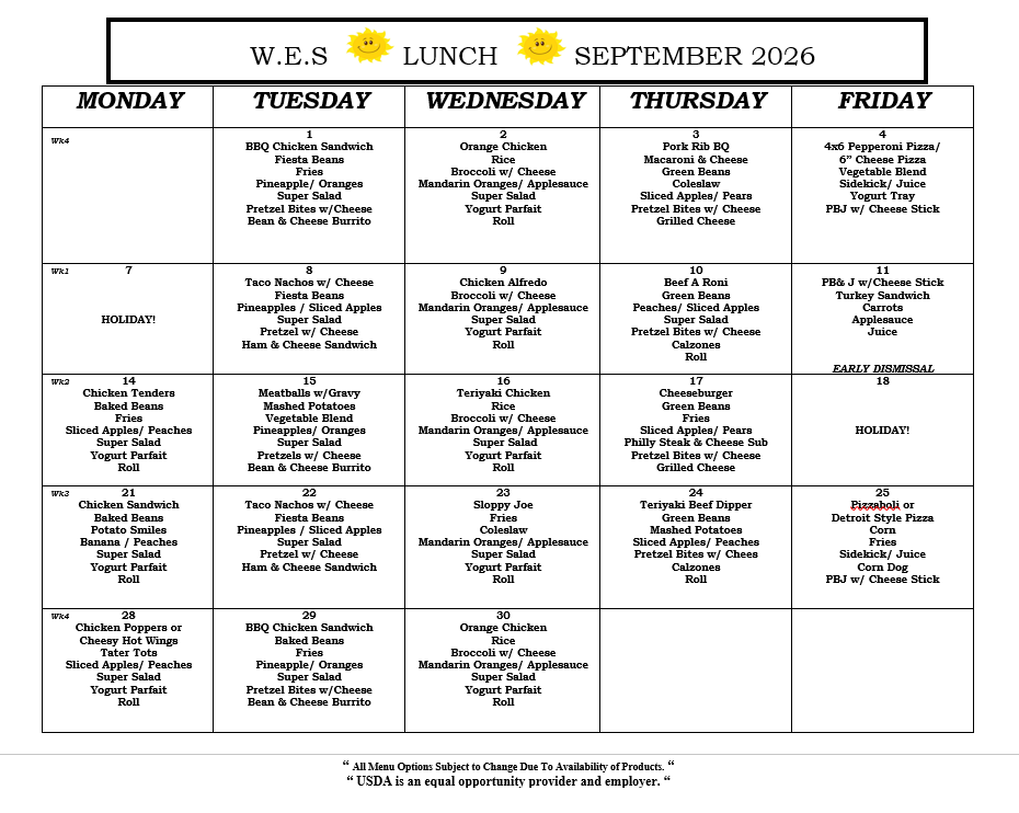 September Lunch Calendar