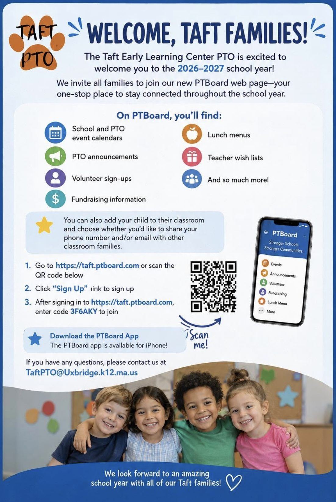 A PTO flyer explainging how to get involved with the PTO and volunteering at Taft.