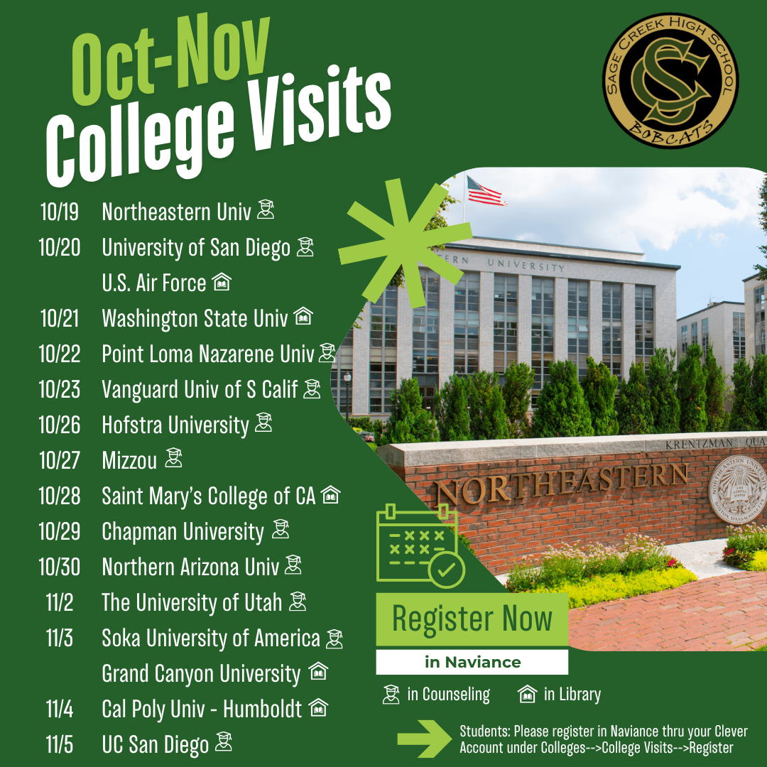 Upcoming College Visits: Don't miss the chance to connect with college admissions reps right here on campus!!
