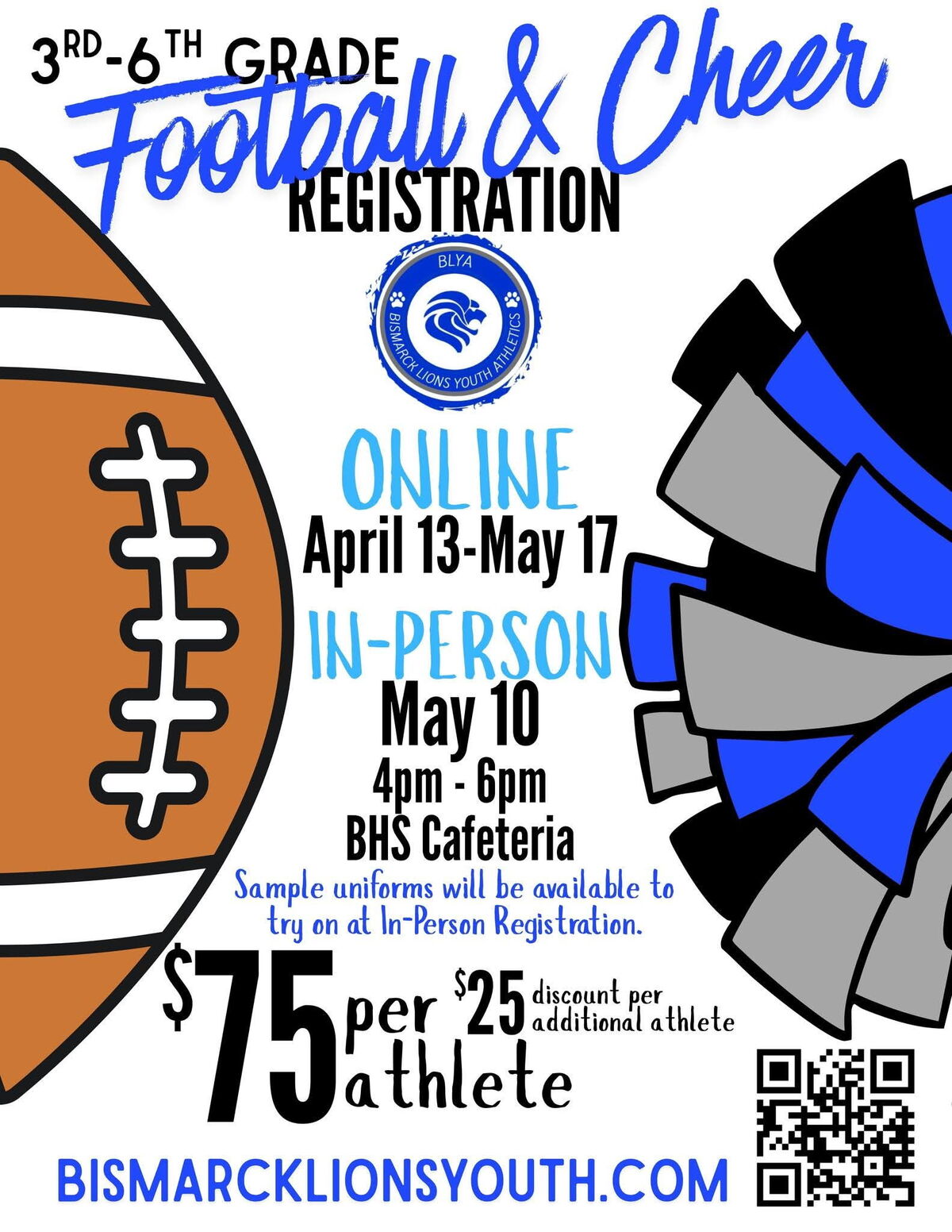 Poster for 3rd-6th Grade Football & Cheer Registration with dates and costs.