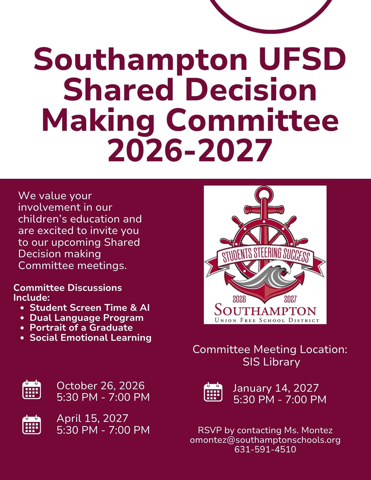 Shared Decision Making Committee Meeting Dates 2026-2027
