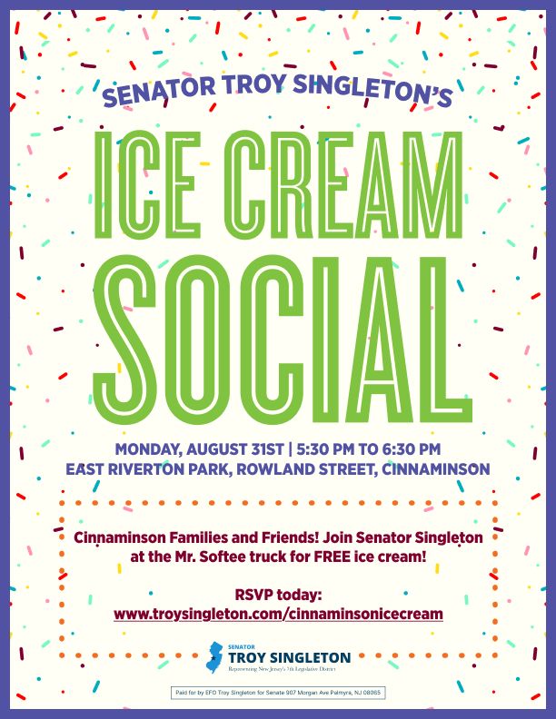 Poster for Senator Troy Singleton's Ice Cream Social event on August 31st.