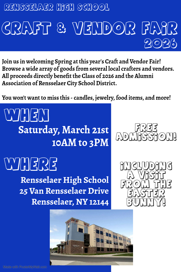 Poster for Rensselaer High School's Craft & Vendor Fair on March 21st, 2026, from 10 AM to 3 PM.