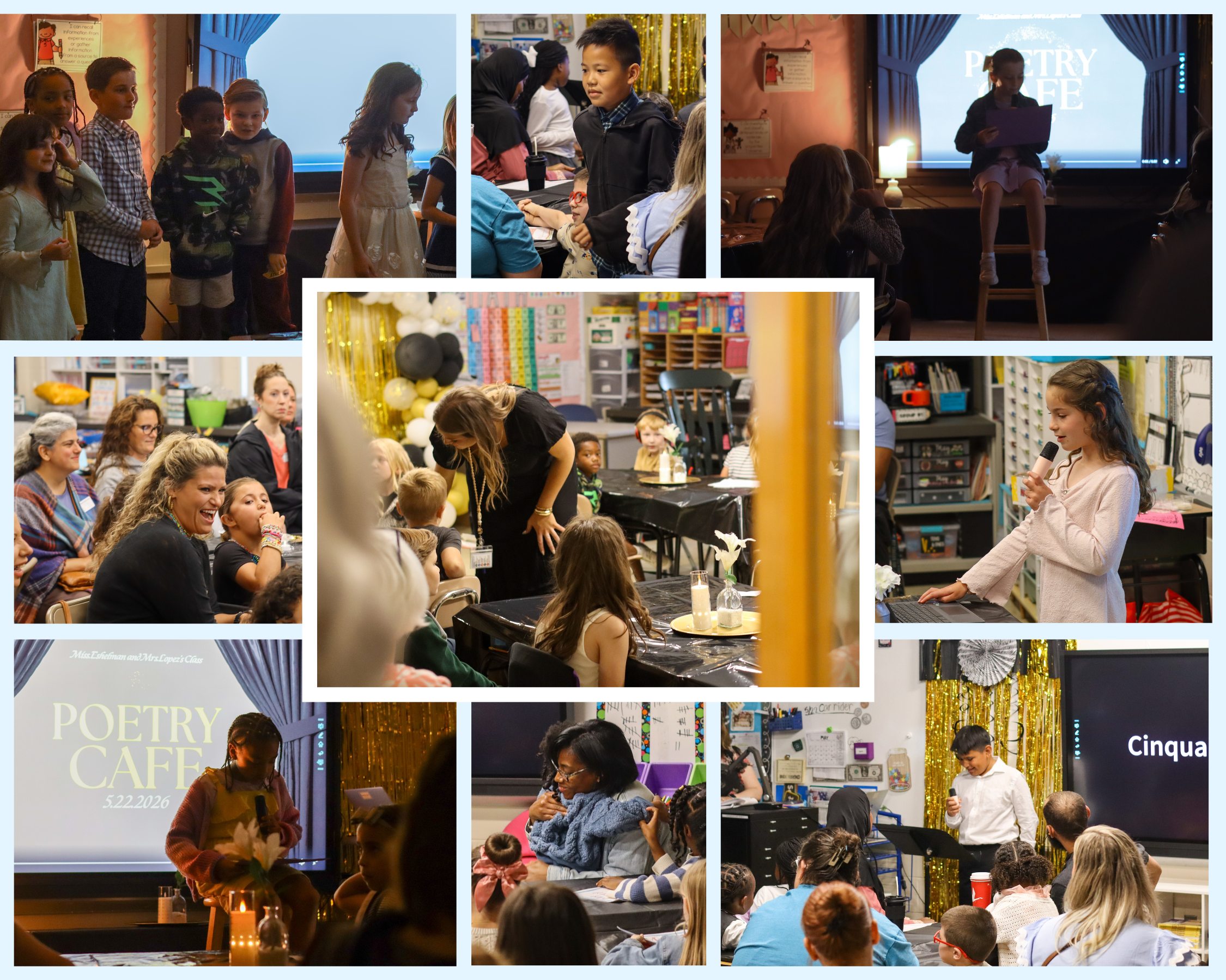 Children and adults gather for a 'Poetry Cafe' event, with students presenting.