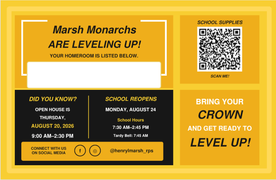 Announcement for Marsh Monarchs: 'ARE LEVELING UP!' with space for homeroom listing.