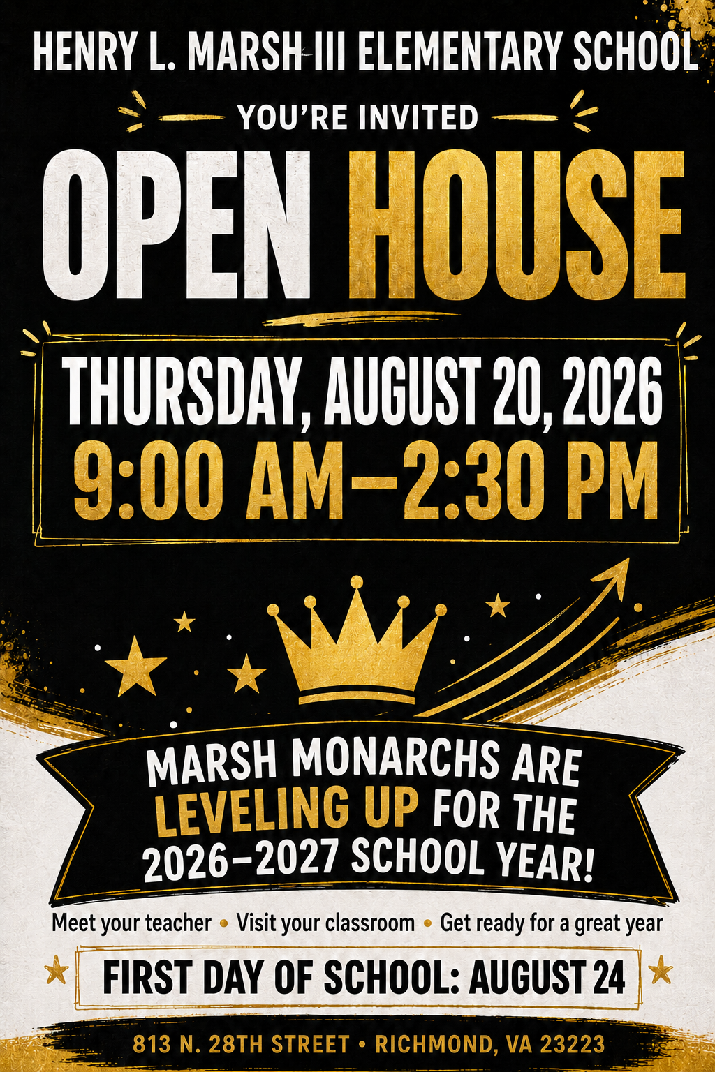 Invitation to Henry L. Marsh III Elementary School's Open House on Thursday, August 20, 2026, from 9:00 AM to 2:30 PM.