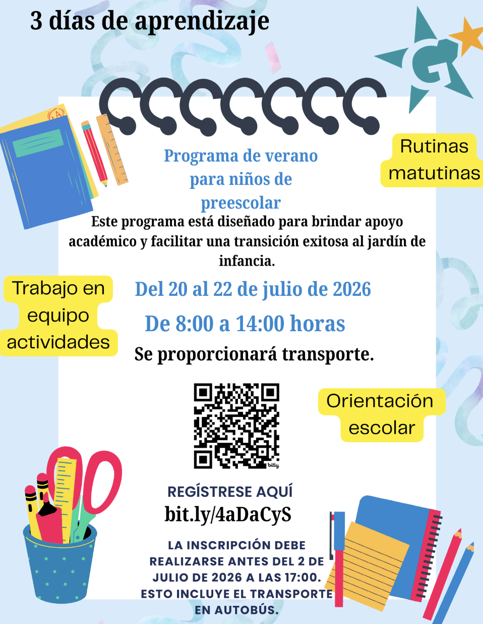 Blue and black print sit on a white background, inviting students to Summer Bridge in Spanish
