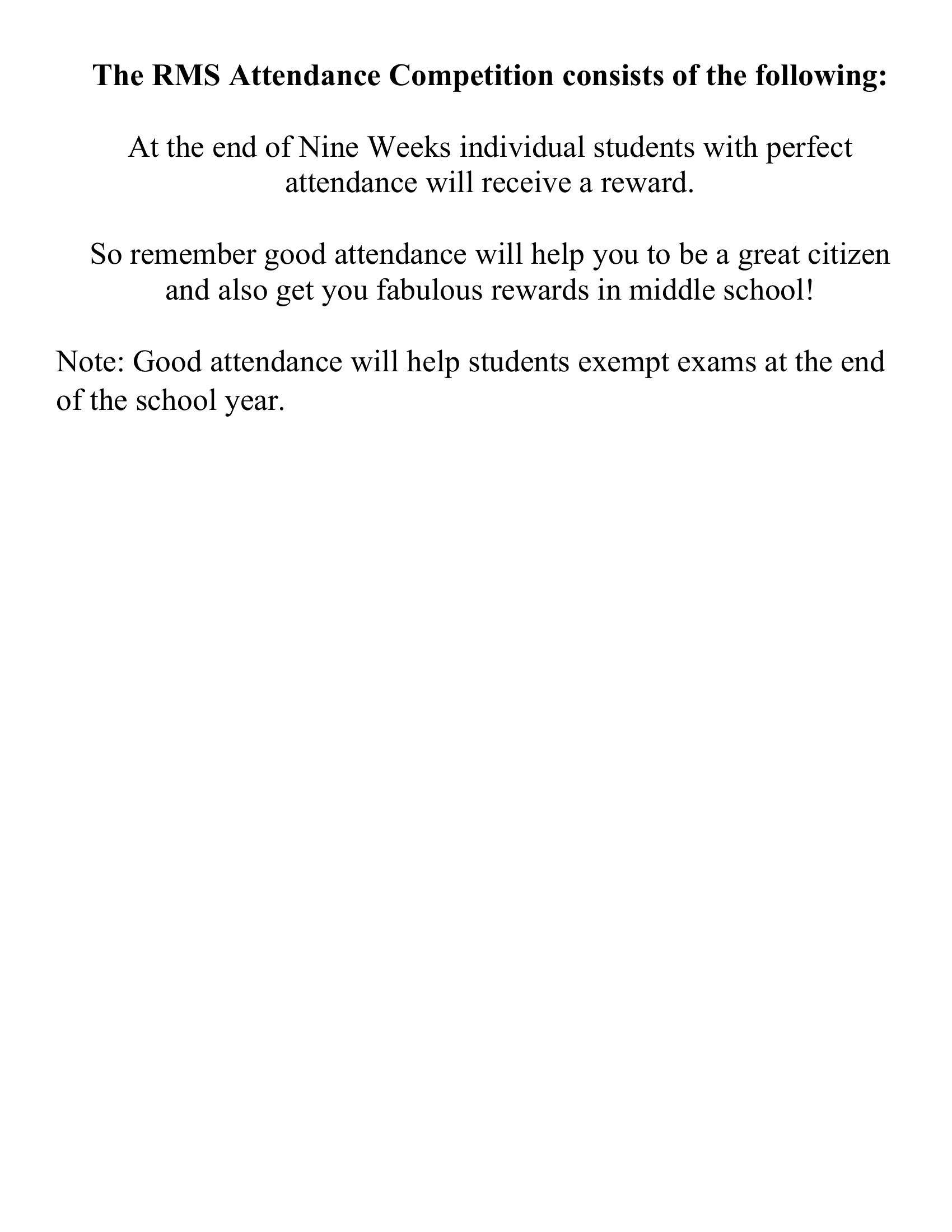 A text document detailing the rules and rewards of the RMS Attendance Competition for students.