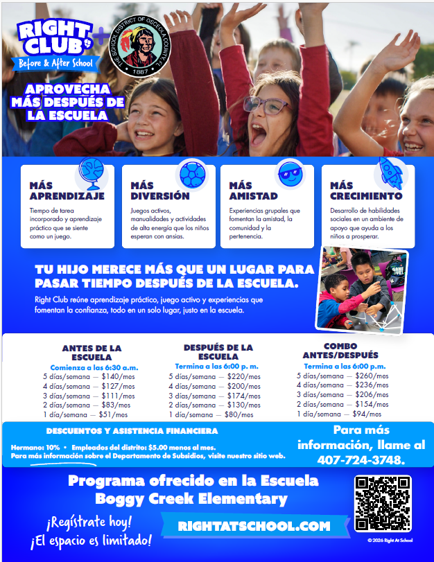 Right Club Before & After School estará disponible nuevamente en Boggy Creek Elementary durante el año escolar 2026–2027!