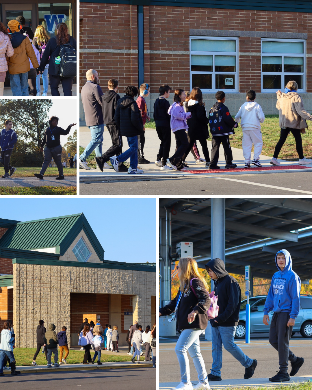 A multi-panel image shows students and staff walking near brick school buildings and parking areas on a sunny day.