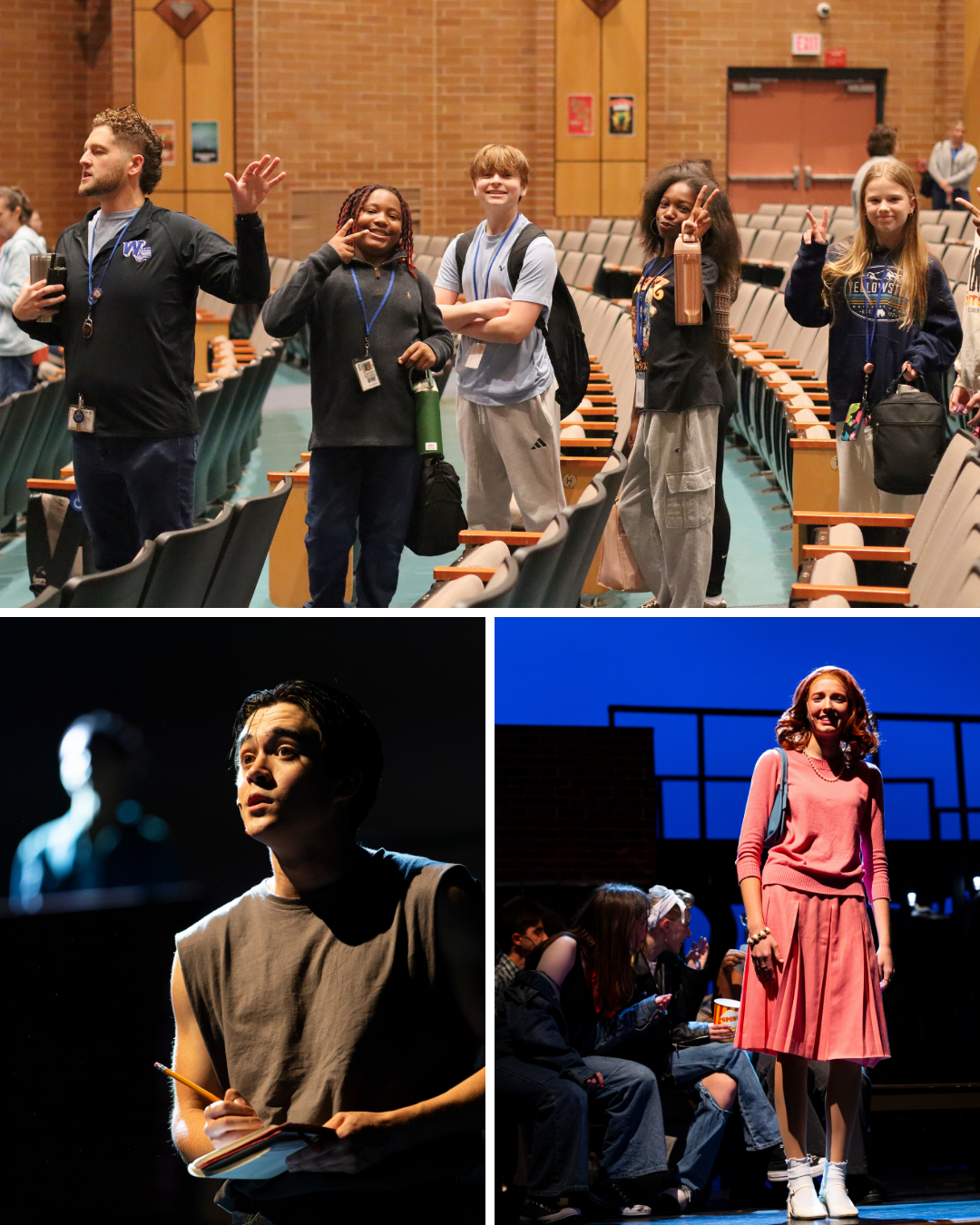 A composite image shows students and teachers in an auditorium, a young man holding a pencil and notebook on stage, and a young woman in a pink dress performing.