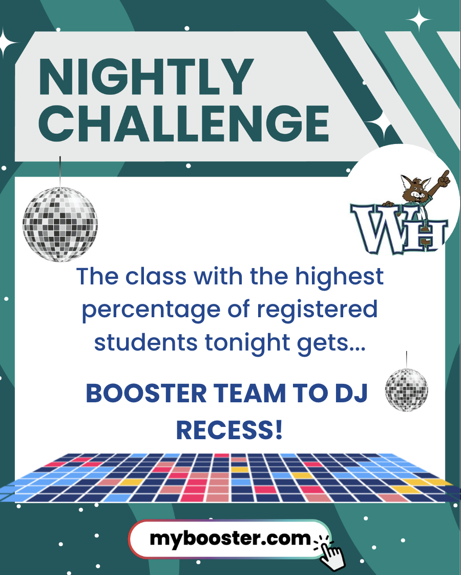 A graphic announces a 'Nightly Challenge' where the class with the highest percentage of registered students wins a DJ recess.