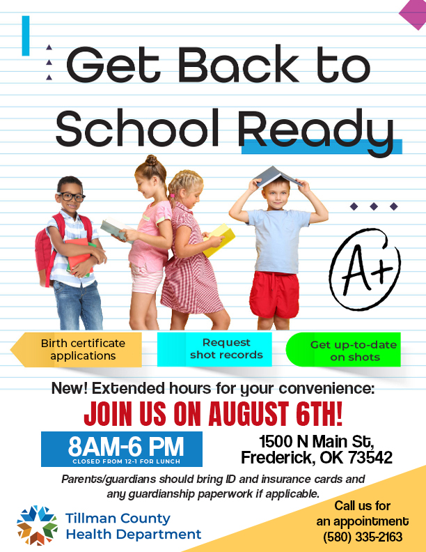 Tillman County Health department is hosting back to school services including immunizations if needed.