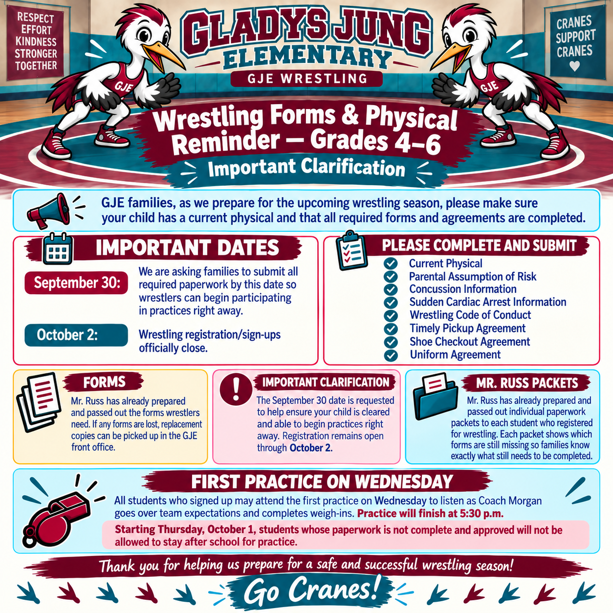GJE Wrestling Forms & Physical Reminder — Grades 4–6 Important Clarification