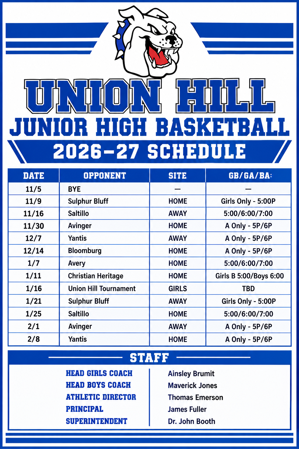 Junior High Basketball Schedules
