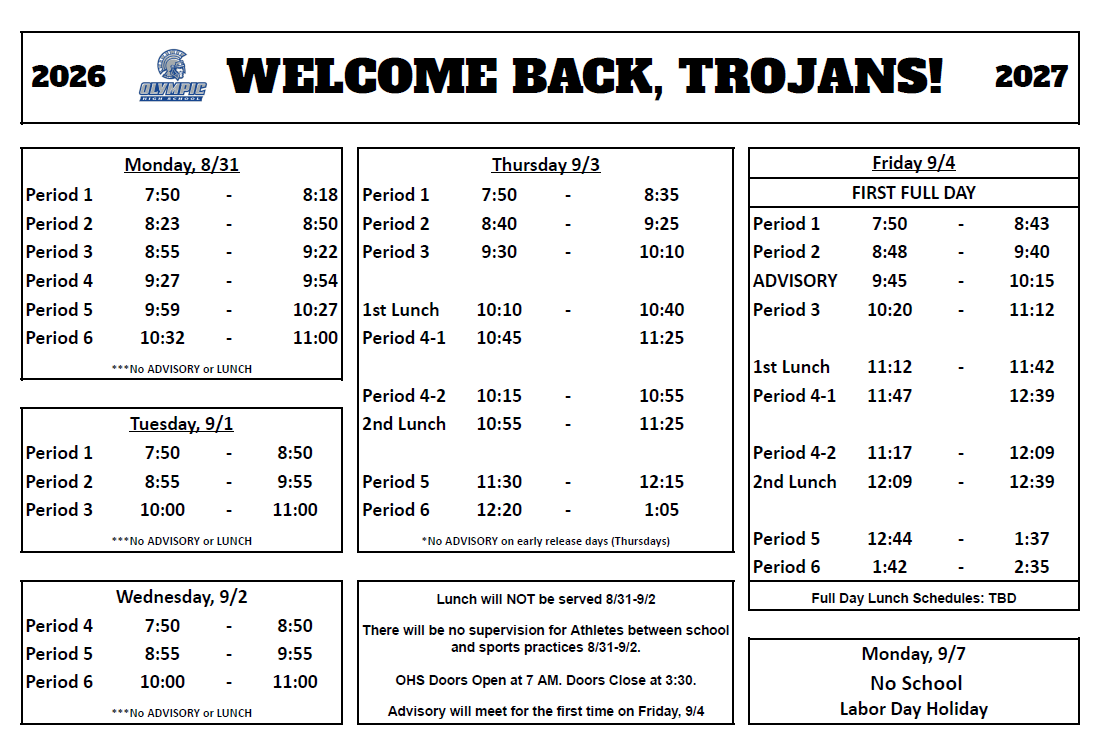 OHS Slow Start Schedule: 8/31-9/7 