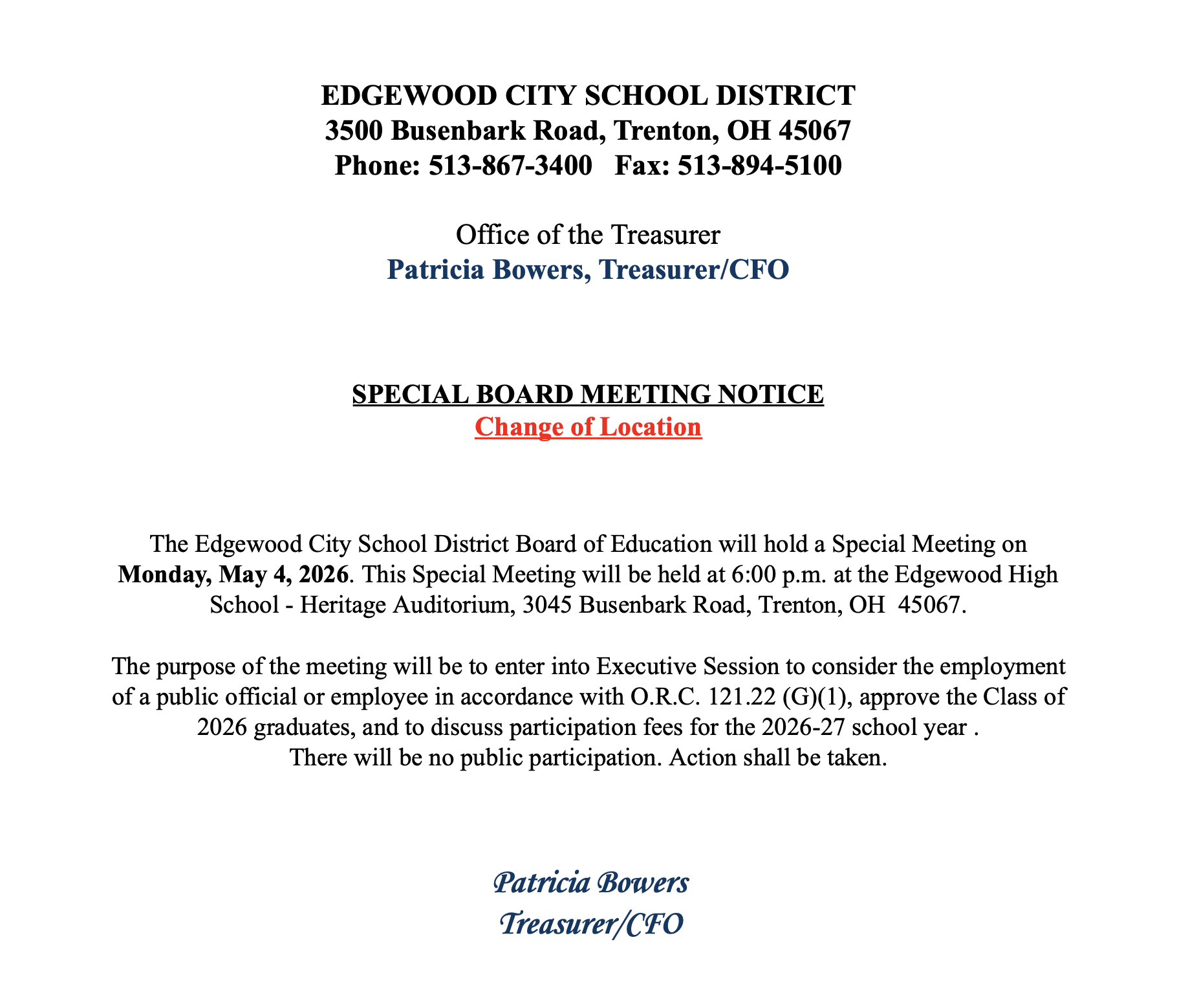 Special Board Meeting Notice- 5/04/26 (Update- Location Change)