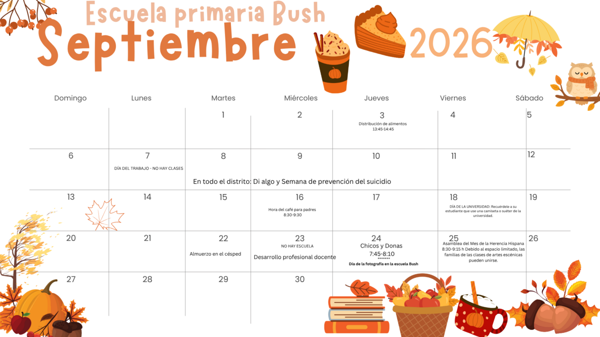 Bush Elementary School September 2026 calendar with autumn-themed illustrations.