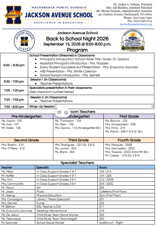 Jackson Avenue School Back To School Night Program