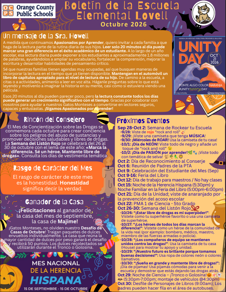 A colorful Spanish-language school newsletter for October 2026, featuring messages, event schedules, and Hispanic Heritage Month info.