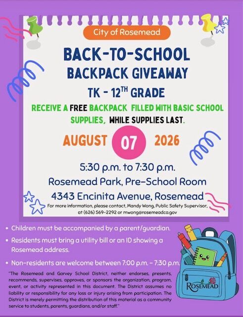 City of Rosemead Backpack Giveaway - August 7 2026